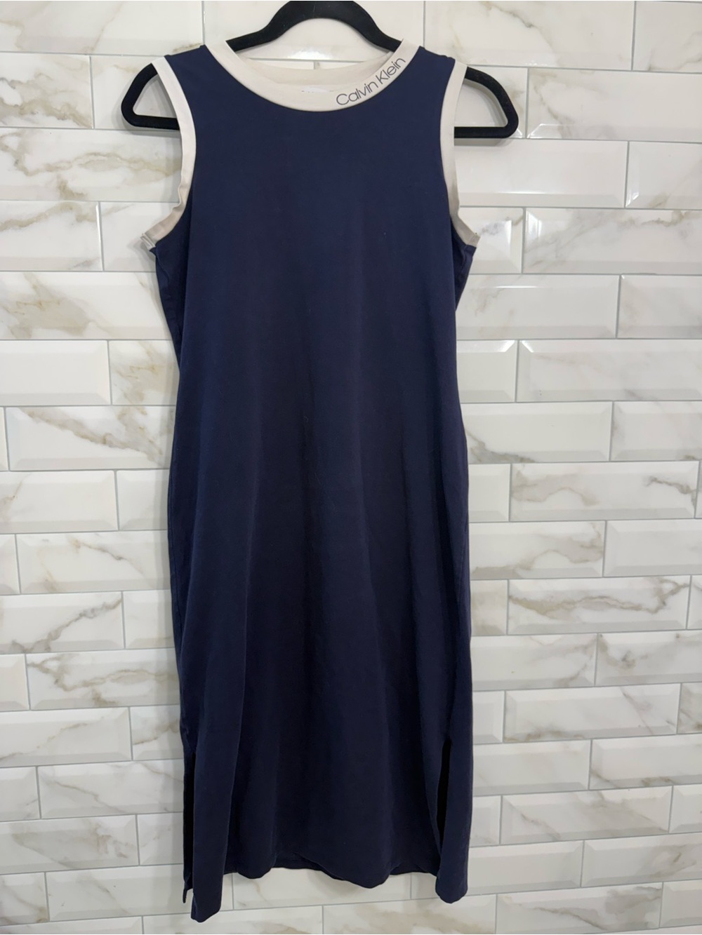 Calvin Klein Navy Sleeveless Midi Dress with White Neckline